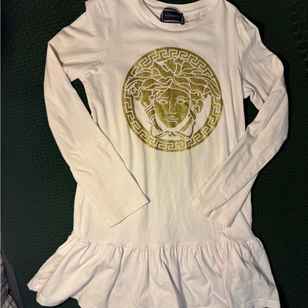 Versace Kids White and Gold Long Sleeve Dress